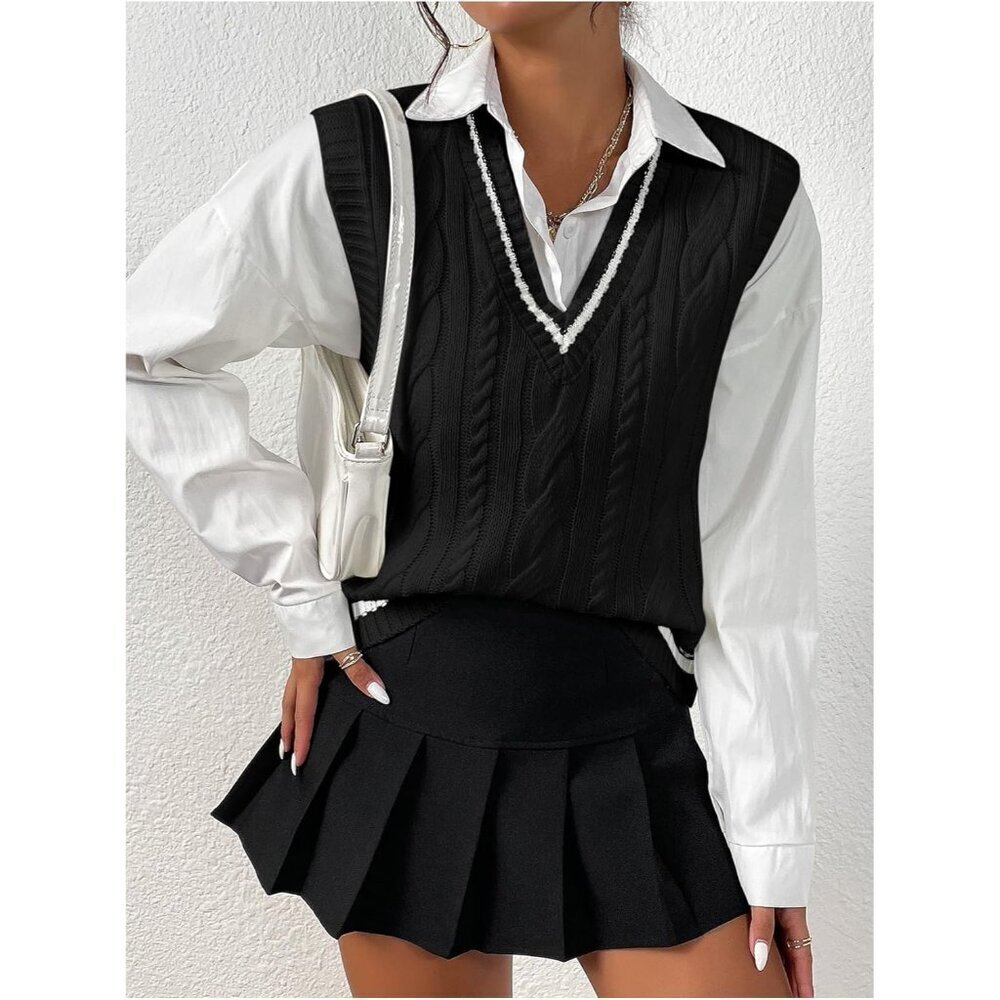 Women's Cable Knit Sweater Vest Sleeveless V Neck Knitted Tank Top Black - Picture 4 of 4